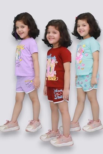 Image of Chandrika Kids Cotton Coordinated Set Pack of 3 half Sleeve And sleeveless T-Shirts & Shorts and skirt Baby Girls Summer Dress Combo