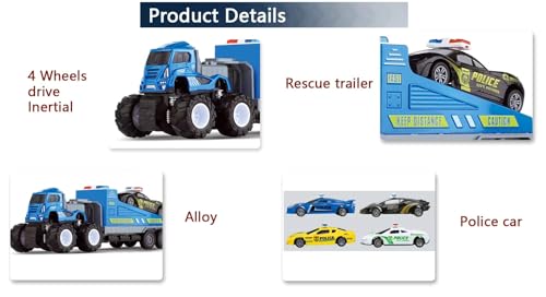 Image of SHIPEASE Friction Powered Police Car Transport Toys for Kids Boys Girls 1:43 Rescue Trailer Truck with Die Cast Model Cars Carrier Truck Toys Miniature Pull Back Vehicles (Multicolor)