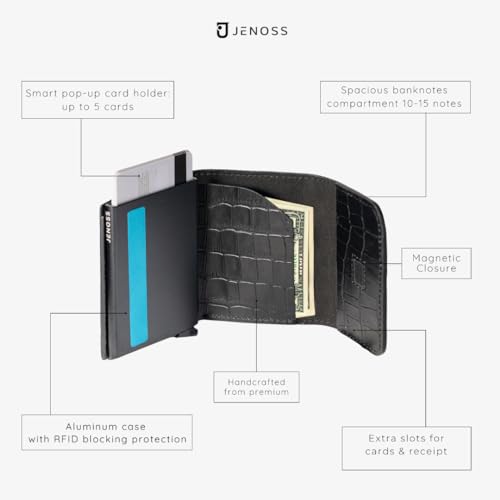 Image of Jenoss Smart Wallet For Men: Full Grain Leather, Handcrafted, Slide Metal Pop Up Case, Slim RFID Blocking Credit Card Holder, Minimalist Compact, 6-8 Cards Organizers, Front Pocket, Money Clip (Black)