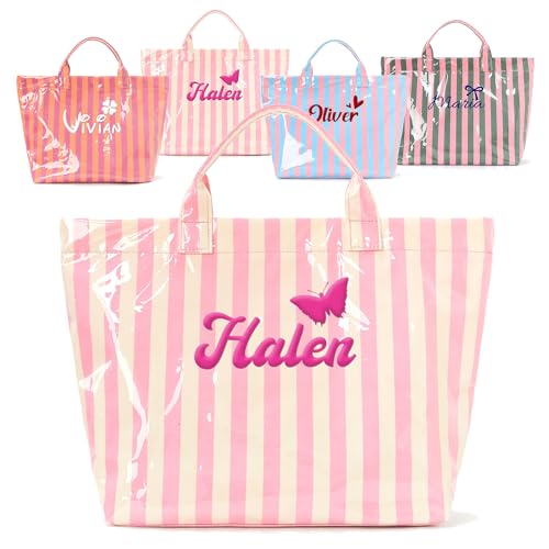 Bolso tote personalizado con rayas para mujer, bolso impermeable con nombre bordado en plástico brillante para playa y piscina, bolso grande con impresión para vacaciones de verano y viajes, regalo para viaje de chicas miniatura 1