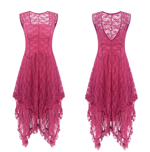 R.Vivimos Womens Sleeveless Backless Asymmetrical Layered Lace Long Dress with Slip Two Pieces