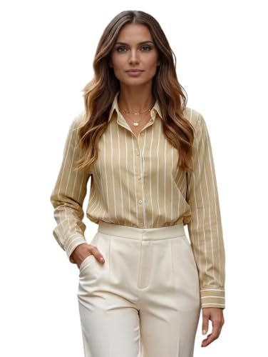 Image of Style Quotient Women Beige White Stripe Printed Formal Shirt