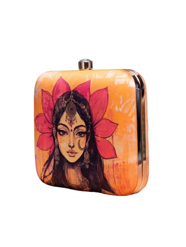 Image of Artklim Printed Box Clutch for Girls - Cross Body Purse with Detachable Golden Chain Strap