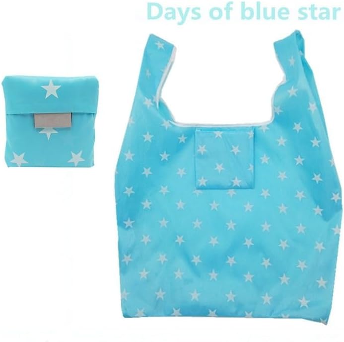 Six reusable grocery bags neatly folded into compact square pouches, displaying various patterns.