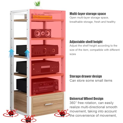 Mobile Porta TV a 4 Ripiani con Ruote - Supporto Regolabile per Giradischi, Console di Gioco, Lettore Dvd e proiettore - Elegante Design in Metallo e Legno, Centro di intrattenimento salvasp