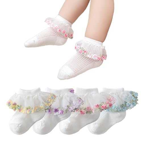 Image of Yeshore Baby Girls Lace Socks with Embroidered Flowers,Ruffle Princess Frilly Cotton Dress Ankle Socks for Infants & Toddlers