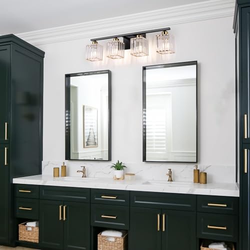 Image of She's home 28 Inch Black Gold Vanity Light for Bathroom 4 Lights, Bathroom Wall Light Fixture Over Mirror with Crystal Shade