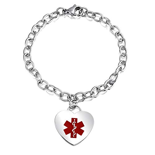 Bracelet d'identification médicale en argent et coeur rouge laqué - 2