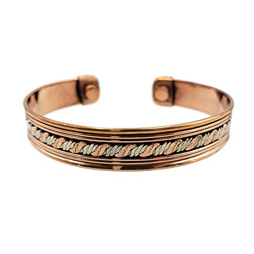 Copper Bracelet for Arthritis Pain Management - Men & Womens Magnetic Cuff Bracelet - Natural Healing Non-Invasive Pain Relief from Joint Pain, Arthritis, RSI Magnet Therapy (Three Tone Slim Stripped)