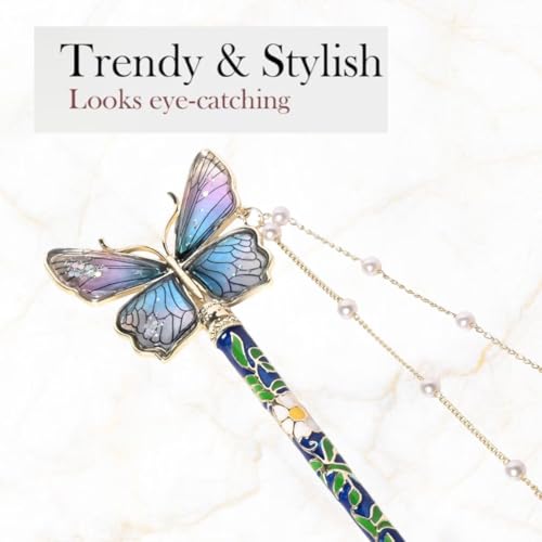 Image of INHEAVEN Decorative Butterfly Juda Hair Pin with Pearl Dangles, Green and Gold Metal Hair Stick, Traditional Japanese Style Hair Accessory, Multicolor