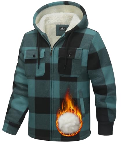 WENTTUO Mens Flannel Hoodie Plaid Jacket Fleece Sherpa Lined Full Zip Up Sweatshirt Winter Hooded Shirts Coat with 4 Pockets