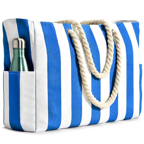 Becokan Beach Bags for Women Pool Bag Waterproof Sandproof Beach Bag Large Beach Swim Bag with Zipper Stripe Beach Bag Tote