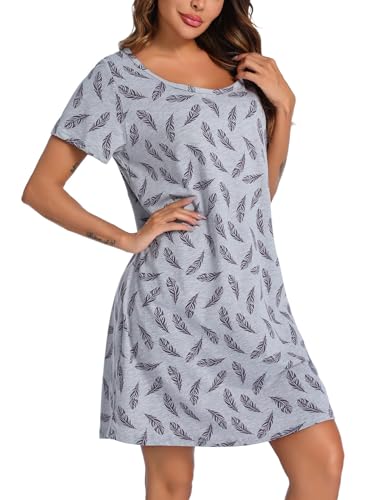Image of ENJOYNIGHT Womens Cotton Nightgown Short Sleeve Sleepshirt Print Nightshirt | Short-Sleeve Crew Neck, Soft Cotton Fabric, Cartoon Printed Sleep Shirt, Loose Fit
