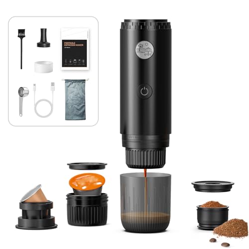 HAILASRE Portable Espresso Machine,20Bar,7800mAh Rechargeable,3-in-1 for Nespresso、DG Capsules&Ground Coffee, With self-Heating,One-Button Extraction,Electric coffee maker for car、camp、climb(Black)