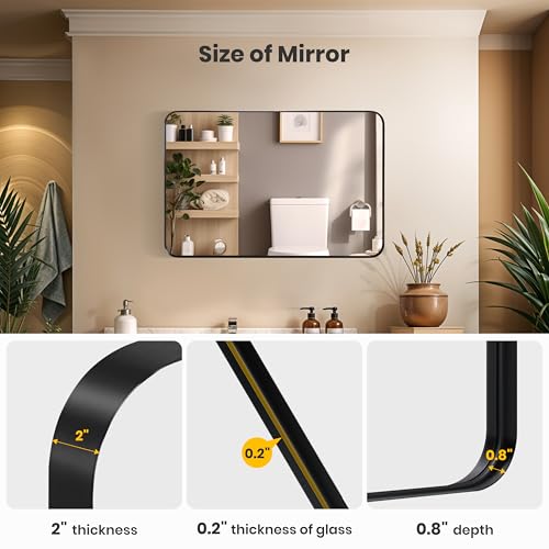 Image of Simple Deluxe Bathroom Mirrors, Black Metal Framed Bedroom Mirror, 22 inch x 30 inch Rounded Rectangle Mirror, Anti-Rust Modern Decorative for Restroom, Farmhouse, Horizontally or Vertically Hanging