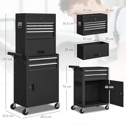 HOMCOM Carro de Herramientas con 6 Cajones y Cerraduras, 3 en 1, Carro de Taller Móvil con Ruedas y Panel Lateral Perforado, Caja de Herramientas Desmontable de Acero, para Taller, Garaje, Negro - imagen 3