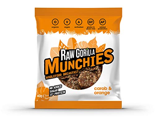 Raw Gorilla Munchies, caroube et orange sac de 40 g | Une collation végétalienne sans gluten, bio, probiotique, riche en protéines et sans sucre ajouté