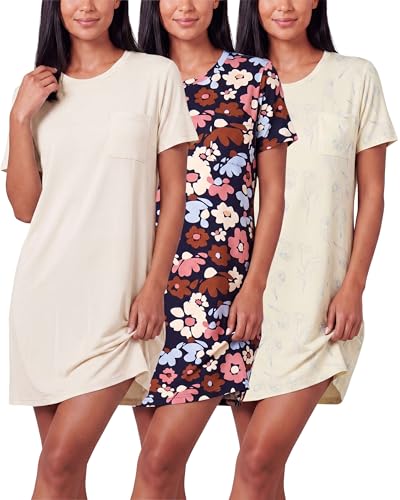 Image of Real Essentials 3 Pack: Women's Short Sleeve Nightgown Dress - Nightshirt Pajama Sleep Shirt Sleepwear (Available In Plus)