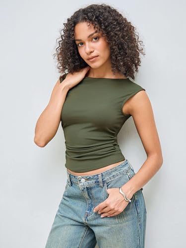 Image of CIDER Boat Neck Tops for Women Sleeveless Ruched Crop Tank Tops | Slim Fit, Trendy Summer Outfits, Casual Tee Shirt