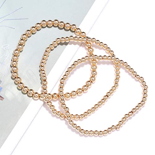 Gold Beaded Bracelet Set For Women Stack 14 K Real Gold Plated Ball Bracelets Elastic String Bracelet 4 Mm 5 Mm 6Mm Small Beads Friendship Bracelet For Men Teen Girls (Gold) #TOP5