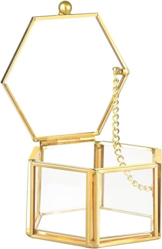 Feyarl Small Gold Glass Jewelry Trinket Box Ornate Ring Earring Display Chest Box Keepsake Organizer Case Decorative Box for Valentine Wedding Birthday Christmas Gift