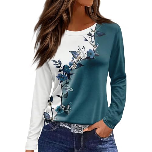 JXKIKOZE Long Sleeve Shirts for Women;Womens Long Sleeve Tops Crew Neck Pleated Casual Basic Tee Comfy Printed Tops Blouse;Womens Fashion;09-Turquoise L