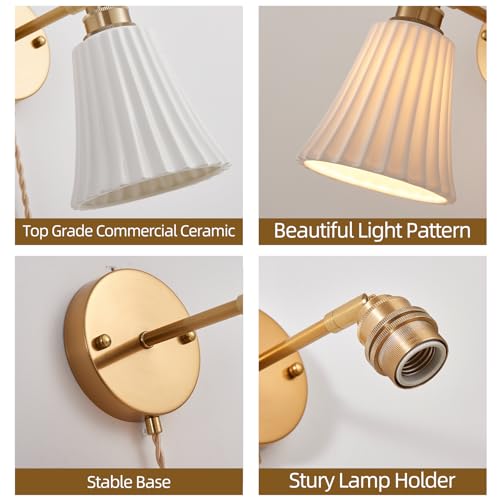 Image of Fetason Plug in Wall Sconces Set of 2, Modern Ceramic Gold Wall Sconce Light with Switch, Vintage Bedside Wall Lamp Light Fixtures for Living Room Bedroom Kitchen Home Office Hallway