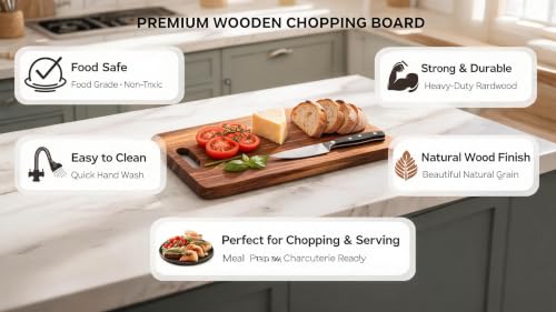 Image of Sheesham Wood Chopping Board for Kitchen, Wooden Cutting Board for Vegetables, Fruits & Meat, Thick Hardwood Serving Board- L