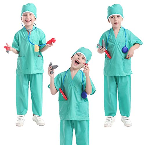 TOPTIE 4 Sets Kids' Role Play Costume Doctor Surgeon Police Officer Fire Chief Dress up Sets for Kids