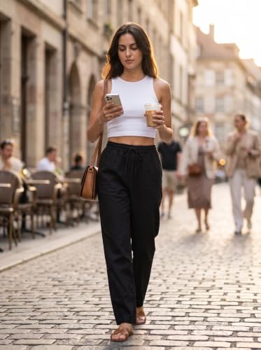 Image of THUMBA Women's Cotton Linen Wide Leg Pants | Elastic Waist Relaxed Fit Trousers | Breathable Summer Palazzo Pant with Pockets| Casual Office Travel Wear