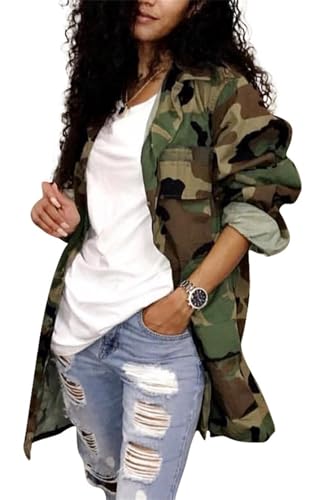 Ptorlio Womens Camo Jacket Long Sleeeve Camouflage Army Jackets Military Trench Coat PLus Size