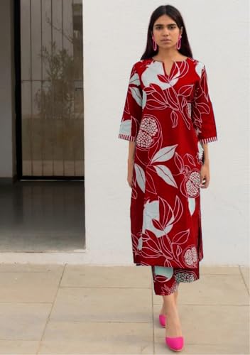 Image of GoSriKi Women's Cotton Blend Straight Printed Kurta with Pant