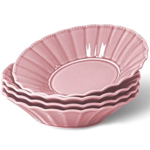 HOMBENE Pasta Bowls Set for 4, 25oz Ceramic Soup Bowls, Salad Serving Bowls, Wide and Shallow Bowls Set, Wavy Style, Soup, Pasta, Noodle, Dinner, Microwave & Dishwasher Safe Peach Bloom Pink)