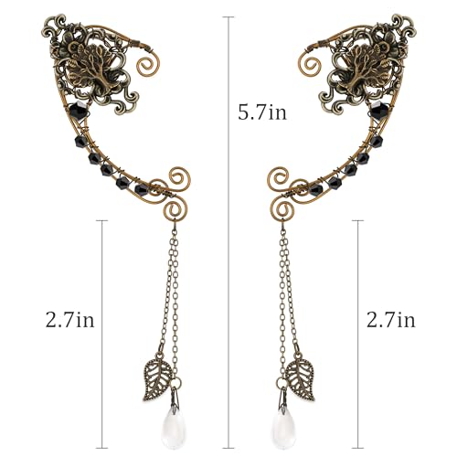 FRESHME Fairy Elf Ear Cuffs - Handmade Bronze Antique Vintage Cuffs Drop Dangling Ear Clips Wraps for Women Renaissance Costume2