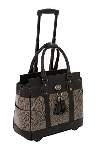 THE DALLAS Black & Grey Tooled Rolling iPad Tablet or Laptop Tote Carryall Bag (15.6, 17"/17.3" inch)