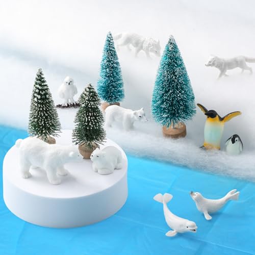 Kasyat 16 Pcs Arctic Animals Figures, Polar Animals Figurines Set Mini Plastic Figurines with White Bear Penguin Whale Seal Wolf Pine Trees for Party Favor Cake Decoration Craft