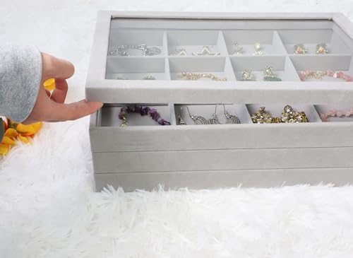 Image of Wudygirl Stackable Jewelry Tray Organizer with Lid Set of 4 Jewelry Organizer Drawer Insert Velvet Earring Necklace Ring Bracelet Organizer for Women Girls(Set of 4,Gray)