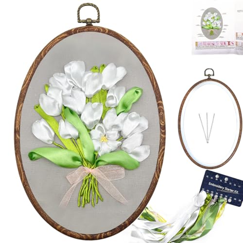 Image of FONNUY Ribbon Embroidery 3D Flowers Pattern Design Kit Embroidery DIY Handwork Set Oval Home Decoration (White Tulip)