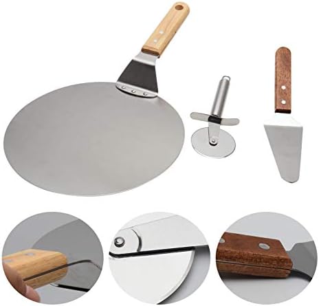 Stainless Steel Pizza Peel, HINMAY 3 Pieces Wood Handle Wheel Cutter Transfer Shovel Baker Tools for Baking Pizza and Cake on Oven & Grill