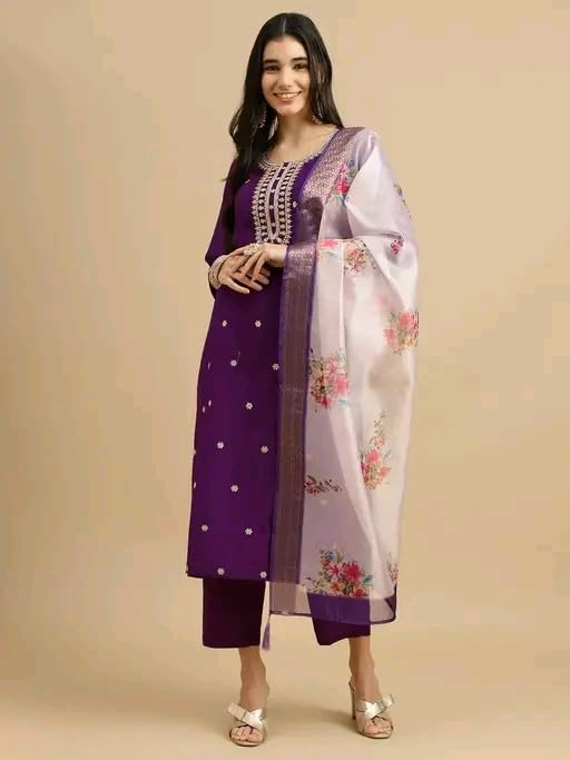 Image of Women's Embroidered Straight Kurta Set with Pant and Floral Silk Dupatta