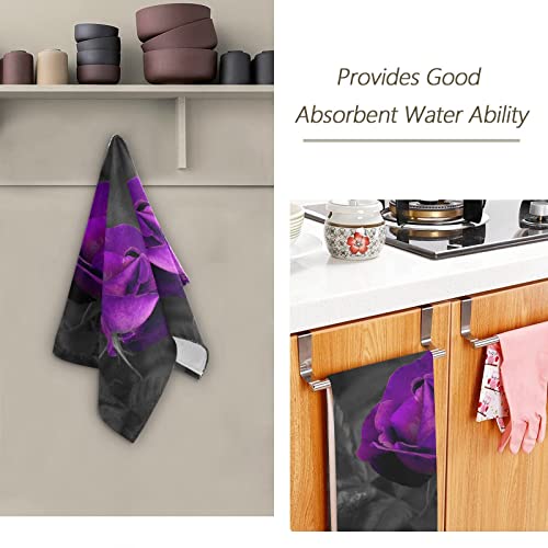 Aiyooler Hand Towels For Bathroom Set Of 2 Vintage Elegant Rose Floral Purple Flowers Black Leaves Soft Absorbent Small 28Inchx14Inch #TOP6