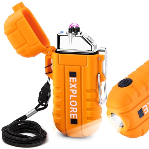 LcFun Arc Plasma Waterproof Lighter Electric Windproof Lighter USB Type C Rechargeable Flameless Cool Lighters with Flashlight for Camping, Survival,Outdoor Adventure, Tactical (Orange)