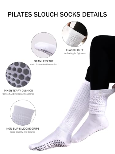 Pilates Socks with Grips for Women, Yoga Slouch Socks, Non Silp Scrunch Slipper Long Sock for Hospital Barre Workout3