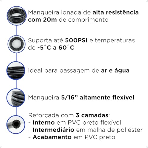 Mangueira de Ar Alta 20Mts Pressão 500psi Flexivel Compressor 5/16