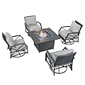 Kinger Home Ethan Rattan 5-Piece Patio Furniture Set with 42-Inch CSA Certified Propane Fire Pit Table, 50,000 BTU, Includes Swivel Chairs and Fire Pit Accessories, Grey Grey