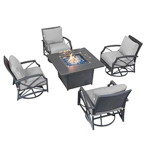 Kinger Home Ethan Rattan 5-Piece Patio Furniture Set with 42-Inch CSA Certified Propane Fire Pit Table, 50,000 BTU, Includes Swivel Chairs and Fire Pit Accessories, Grey Grey Kinger Home Ethan Rattan 5 Piece Patio Furniture Set with 42 Inch CSA Certified Propane Fire Pit Table 50000 BTU Includes Swivel Chairs and Fire Pit Accessories Grey Grey
