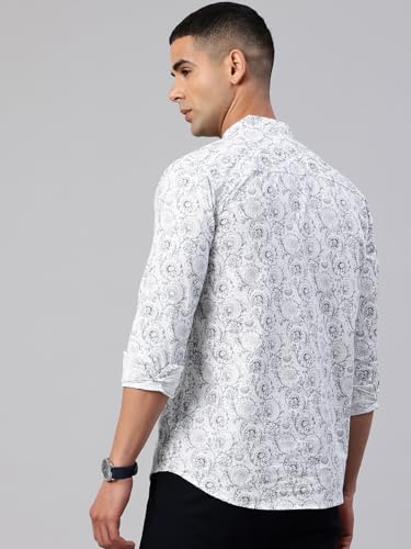 Image of Majestic Man Men's Pure Cotton Printed Mandarin Collar Regular Fit Roll-Up Sleeves Short Kurta