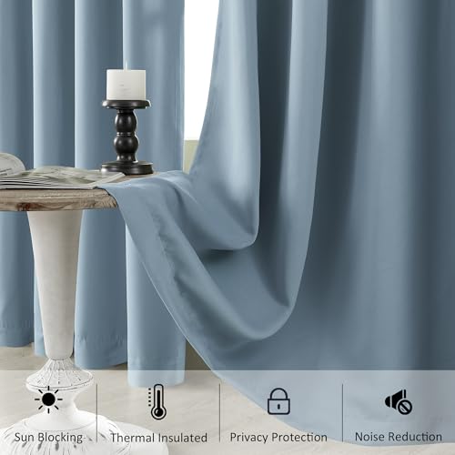 Image of HUTO Blackout Curatins Window Drapes for Bedroom Living Room - Antique Copper Grommet Room Darkening Thermal Insulated Privacy Protect Draperies Curtains, Set of 2, Dusty Blue, 52W x 72L