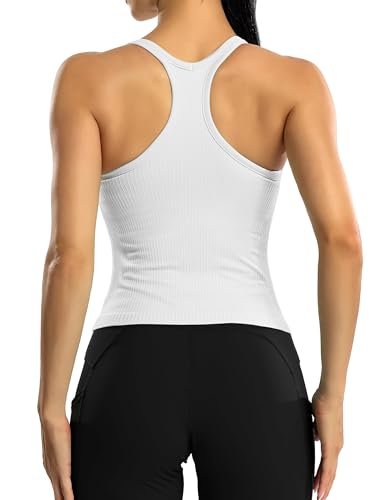 Image of ATTRACO Ribbed Racerback Crop Tank Tops with Built-in Bra White S