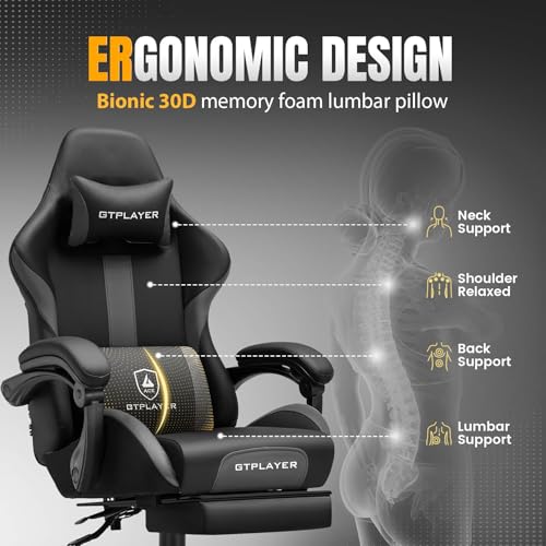 Image of GTPLAYER Gaming Chair with Pocket Spring Cushion, Leather Office Chair with Ergonomic High Back & Lumbar Support for Back Pain Relief, Computer Game Chair for Adults, Gray
